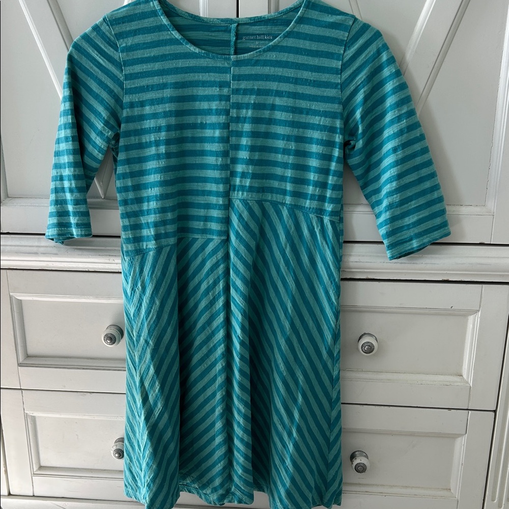 Garnet Hill Teal Striped Cotton Jersey Dress